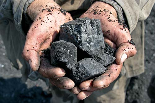mining. holding coal in hands
